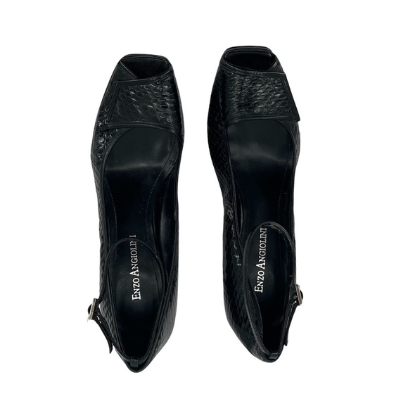 Enzo Angiolino Black Patent Snake Skin Peep Square Toe Heels Size 7 Women’s - Picture 3 of 12